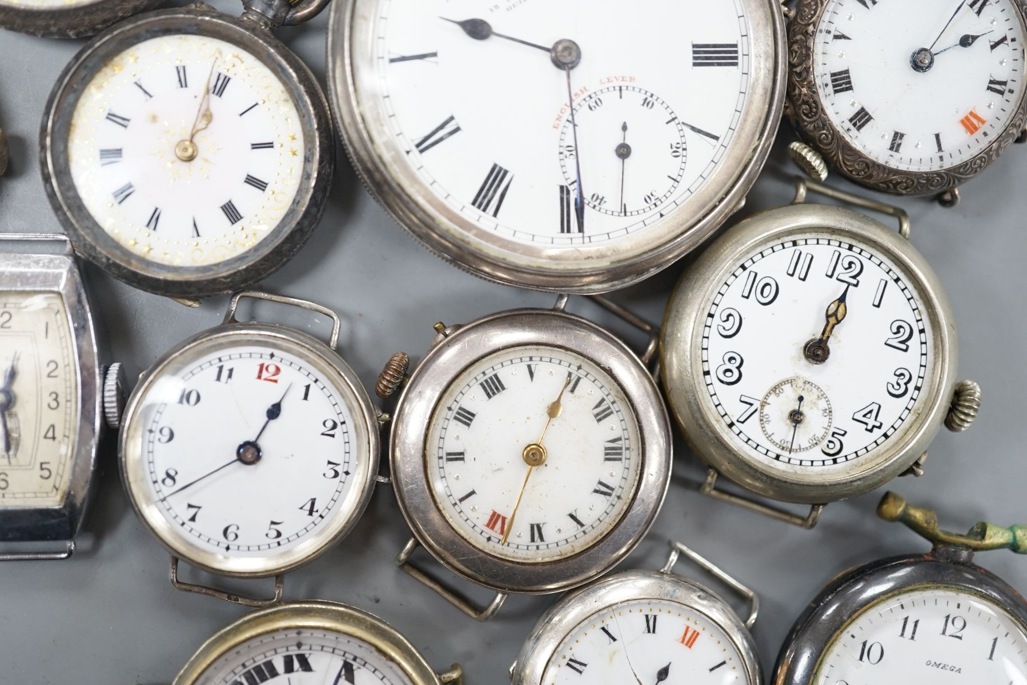 A George V silver open faced pocket watch, two silver or white metal fob watches and nine assorted mainly early 20th century wrist watches including silver.